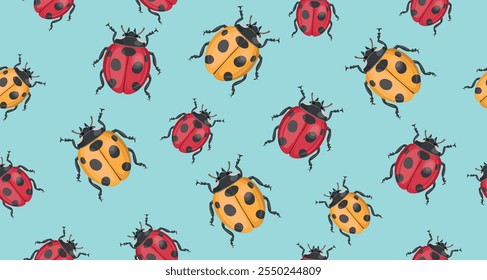 Seamless pattern with yellow and red ladybugs. Realistic ladybug on beige background. Vector.