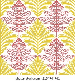 A seamless pattern of yellow and red plant elements, a hand-drawn doodle. Fantasy leaves of different plants. Geometry. Vector illustration.