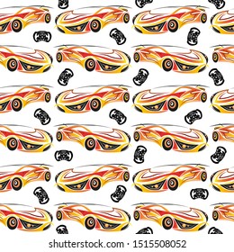 Seamless pattern. Yellow and red sport cars, steering wheels on white background. Vector illustration