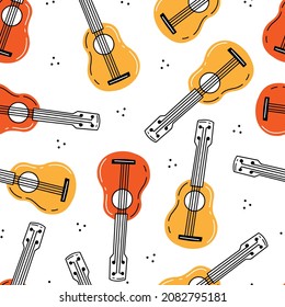Seamless pattern with yellow and red ukulele in cute doodle style. Vector illustration with musical instruments background.