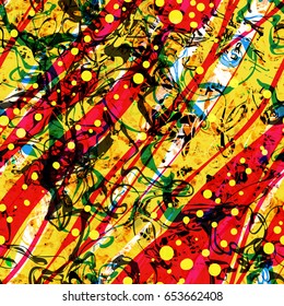 Seamless pattern. Yellow. red, white, black colors. Transparent blots, stains, curved stripes mix random. Abstract vector background for fabric, wrapping, home decor.