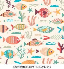 seamless pattern with yellow, red,pink, green fish for kids