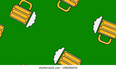 Seamless pattern of yellow repeating alcoholic beer glasses glass with beer frothy hop beer malt craft lager on a green background to the day of Saint Patrick. Vector illustration