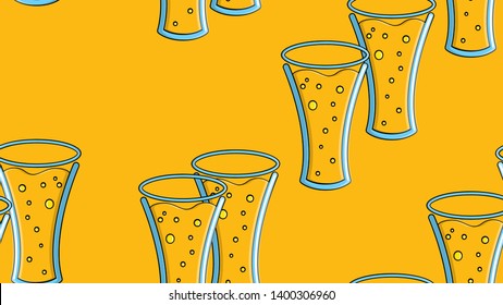 Seamless pattern of yellow repeating alcoholic beer glasses glass with beer frothy hop glass of malt craft lager on a yellow background for St. Patrick's Day. Vector illustration