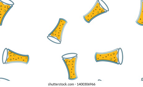 Seamless pattern of yellow repetitive alcoholic beer glasses glass with beer frothy hops malt craft lager on a white background to the saint Patrick's day. Vector illustration