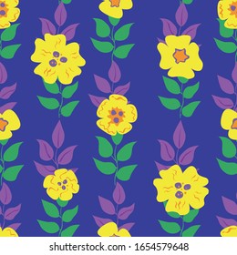 A seamless pattern with yellow retro flowers and green and purple leaves on a blue background as a texture for printing. Vintage floral vector stock illustration with backdrop or wallpaper for textile