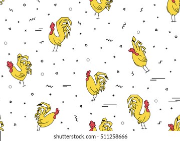 Seamless pattern with yellow rooster on a white background. Character roosters with geometric shapes. Wrapping paper for the new year. Hipster style thin line.