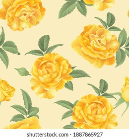 Seamless pattern of yellow rose flower with bud and leaves background. Vector set of blooming flower for adornment for wedding invitations, holiday, greeting card and textile fashion design.