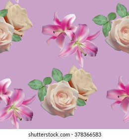 Seamless pattern with yellow rose and lilies on mauve background. Vector illustration.