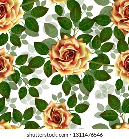 Seamless pattern with yellow roses. Beautiful realistic flowers with leaves. Photorealixtic rose bud, clean vector high detailed result.