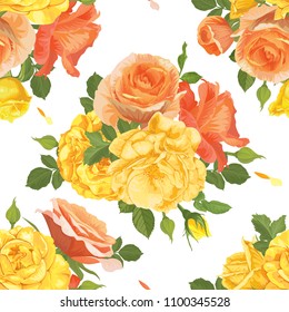 Seamless pattern of yellow roses with bud and leaves on white background. Vector set of blooming flower for advertising, packaging, holiday invitations, greeting card and fashion design.