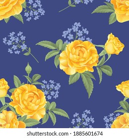 Seamless pattern of yellow roses with bud and leaves on blue background. Vector set of blooming flower for adornment for wedding invitations, holiday, greeting card and textile fashion design.
