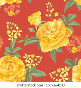 Nahtlose Muster gelber Rosen mit Knospen und Blättern auf orangefarbenem Hintergrund. Vektorset blühender Blume für Verzierungen für Hochzeitseinladungen, Feiertage, Grußkarte und Textilmode.