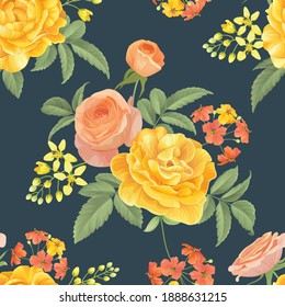 Seamless pattern of yellow roses with bud and leaves on dark background. Vector set of blooming flower for adornment for wedding invitations, holiday, greeting card and textile fashion design.