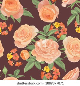 Patrón sin foco de rosas amarillas con brote y hojas sobre fondo oscuro. Conjunto vectorial de flor floreciente para adorno de invitaciones a bodas, vacaciones, tarjetas de felicitación y diseño de moda textil.