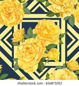 Seamless pattern of yellow roses with bud and leaves on blue graphic geometric background. Vector set of blooming flower for your design. Adornment for wedding invitations and greeting card.