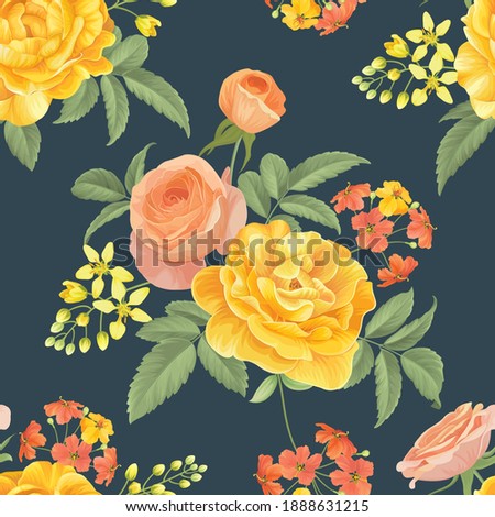 Seamless pattern of yellow roses with bud and leaves on dark background. Vector set of blooming flower for adornment for wedding invitations, holiday, greeting card and textile fashion design.