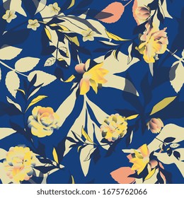 Seamless pattern with yellow roses and leaves on dark indigo blue background. Tropical flowers, lily. Vector illustration with plants. EPS 10