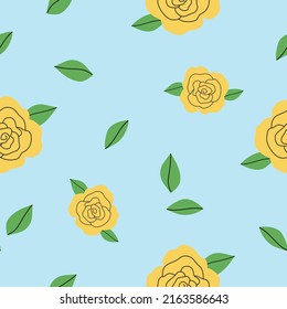 Seamless pattern with yellow roses and leaves on a blue background. Gentle vector wallpaper in hand-drawn flat style. Perfect for textiles, clothing, stationary, tableware design - Powered by Shutterstock - Get 15% off with code: PIKWIZARD15