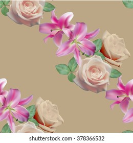 Seamless pattern with yellow roses and lilies on beige background..Vector illustration.