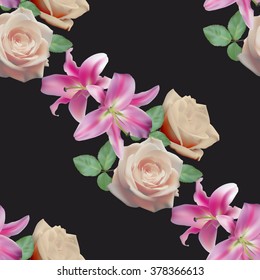 Seamless pattern with yellow roses and lilies on black background.Vector illustration.