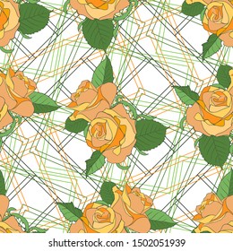 Seamless pattern with yellow roses on the white geometry background. Endless texture for design. Decorative seamless background for greeting cards, interior, cosmetics and textiles.