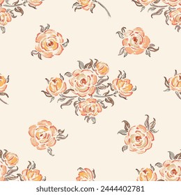 Seamless Pattern of Yellow Roses. Rose Flower. Flowers and Leaves. Vintage Floral Background. Vector illustration.