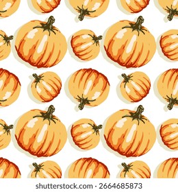 Seamless pattern with yellow round pumpkins. Autumn decor element for Thanksgiving, Halloween. Autumn color palette. Vector illustration for printing on fabric, wallpaper, packaging, etc.