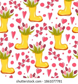 seamless pattern with yellow rubber boots and flowers, for valentine's day. vector illustration isolated on white background.
