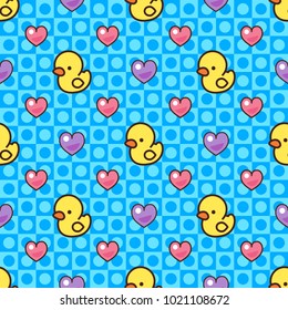 Seamless pattern. Yellow rubber ducks and hearts. Kawaii style.