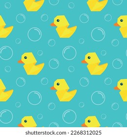 Seamless pattern with yellow rubber ducks and soap bubbles. paper origami