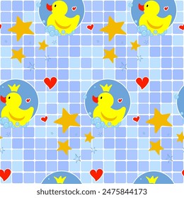 Seamless pattern with yellow rubber ducks, soap foam and red hearts and stars on tile background.