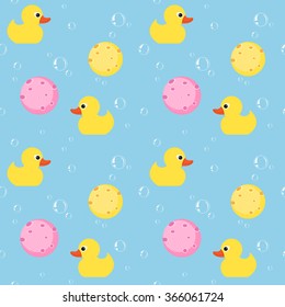 Seamless pattern with yellow rubber duck,soap bubble and sponge on blue background