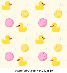 Seamless pattern with yellow rubber duck,soap bubble and sponge