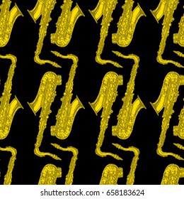 Seamless pattern with yellow saxophone. Vector illustration in vintage engraved style on black background.  