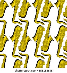 Seamless pattern with yellow saxophone. Vector illustration in vintage engraved style on white background.  