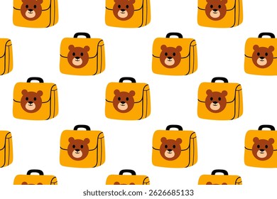 Seamless pattern with yellow school bags featuring teddy bear faces on white background