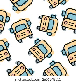 Seamless pattern with a yellow school bus icon, combining line art style and abstract color spots arranged randomly, for school print, textile or other various designs