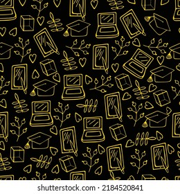 Patrón sin foco de garabatos escolares amarillos sobre un fondo negro. para afiche de diseño, volante, banner.