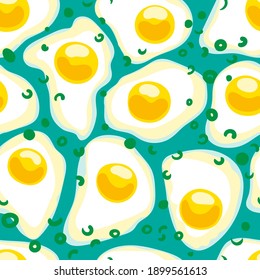 Seamless pattern with yellow scrambled eggs with herbs, onions on a turquoise background. Vector illustration. Protein food for breakfast. Appetizing delicious eggs.