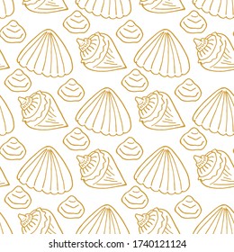 Seamless pattern with yellow sea shells on white background. Vector image. 