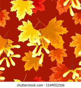 Seamless pattern of yellow seeds decorated with autumn maple leaves on a orange background. Vector illustration.