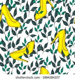 Seamless pattern of yellow shoes in the grass. Vector illustration.