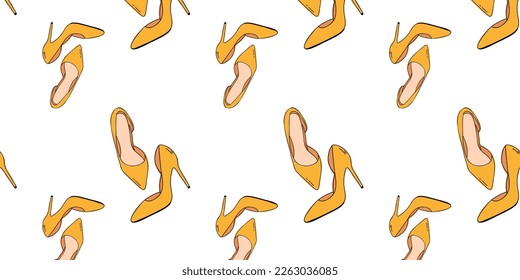 Nahtloses Muster gelber Schuhe. Frauenschuhe mit hohen Absätzen. Vektorgrafik