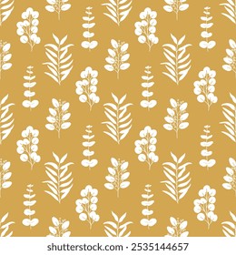 Seamless pattern of yellow silhouette willow, spiral, seeded, silver dollar eucalyptus leaves. Hand drawn vector illustration