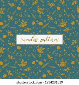Seamless pattern with yellow silhouettes of cotton, mistletoe, fir and other plants on turquoise background
