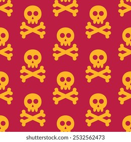 seamless pattern of yellow skulls and crossbones in flat design style on a red background