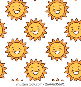 Seamless pattern with yellow smiling sun faces and open eyes, style with warm and happy expression