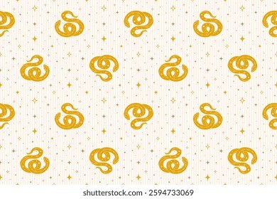 Seamless pattern with yellow snake and magical stars on striped background. Perfect for fabric design, packaging, wrapping paper. Vector Illustration in flat style