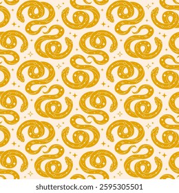Seamless pattern with yellow snake on pastel background. Perfect for fabric design, packaging, wrapping paper. Vector Illustration in flat style
